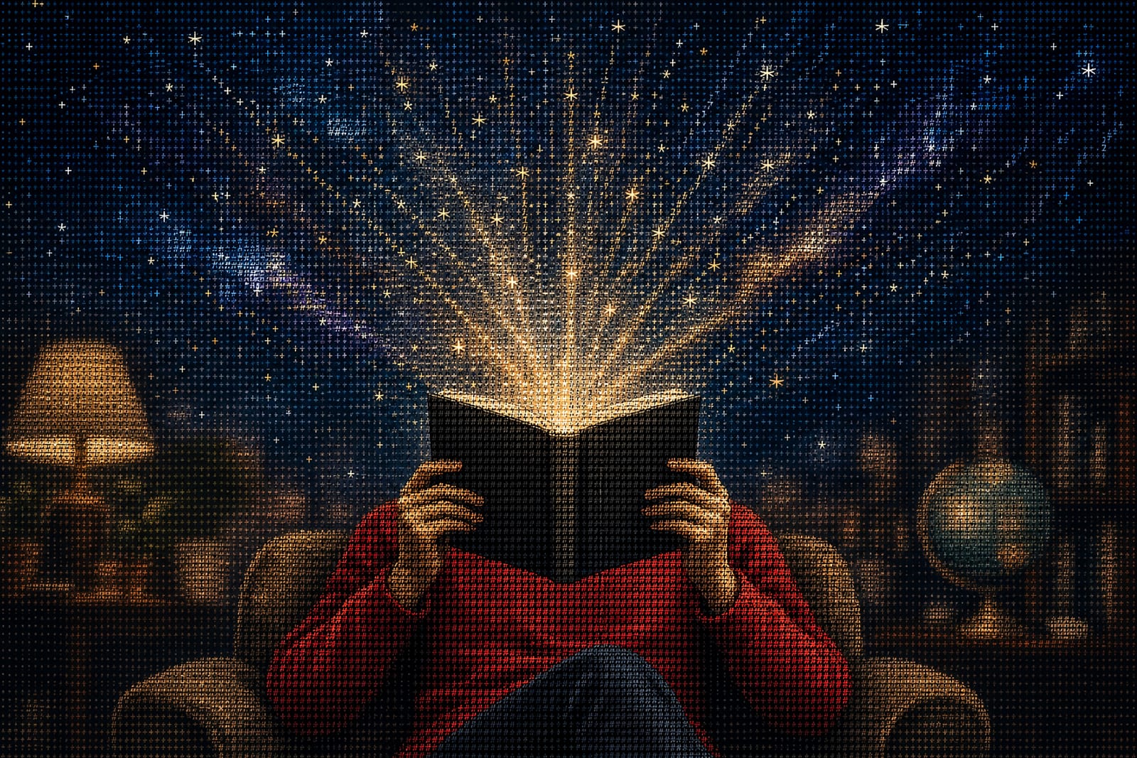 Code-art of a reader and a book bursting with starlight, formed from tiny characters